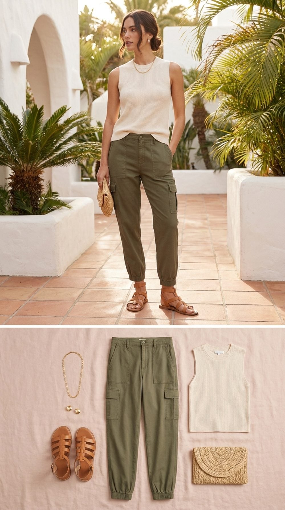 Olive Cargo Joggers with a Fitted Cream Sweater Prove the Relaxed-Bottom Rule Works in Resort Daylight
