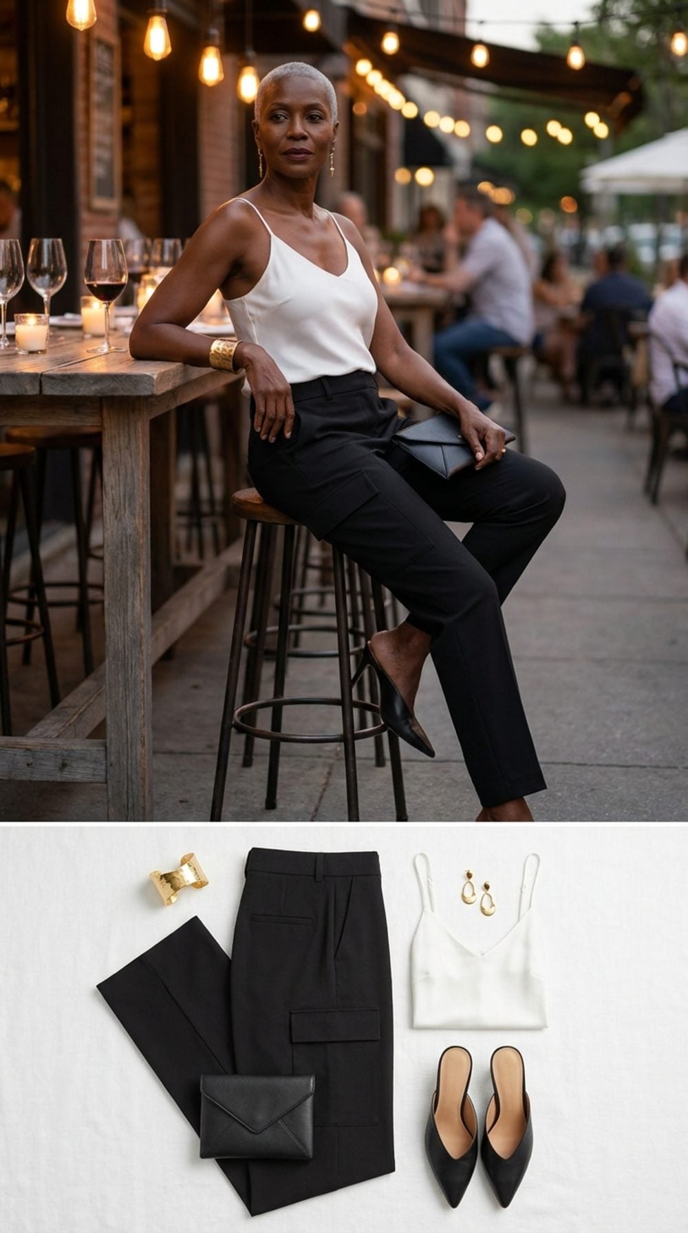 Black Cargo Pants, a Silk Camisole, and One Gold Cuff: The Case for Nighttime Utility at a Wine Bar