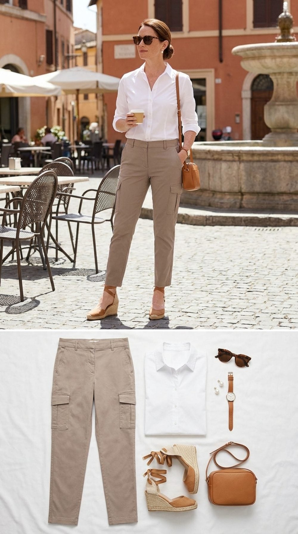 Taupe Cargo Pants, a Poplin Shirt, and Wedge Espadrilles on a European Cobblestone: This Is What 