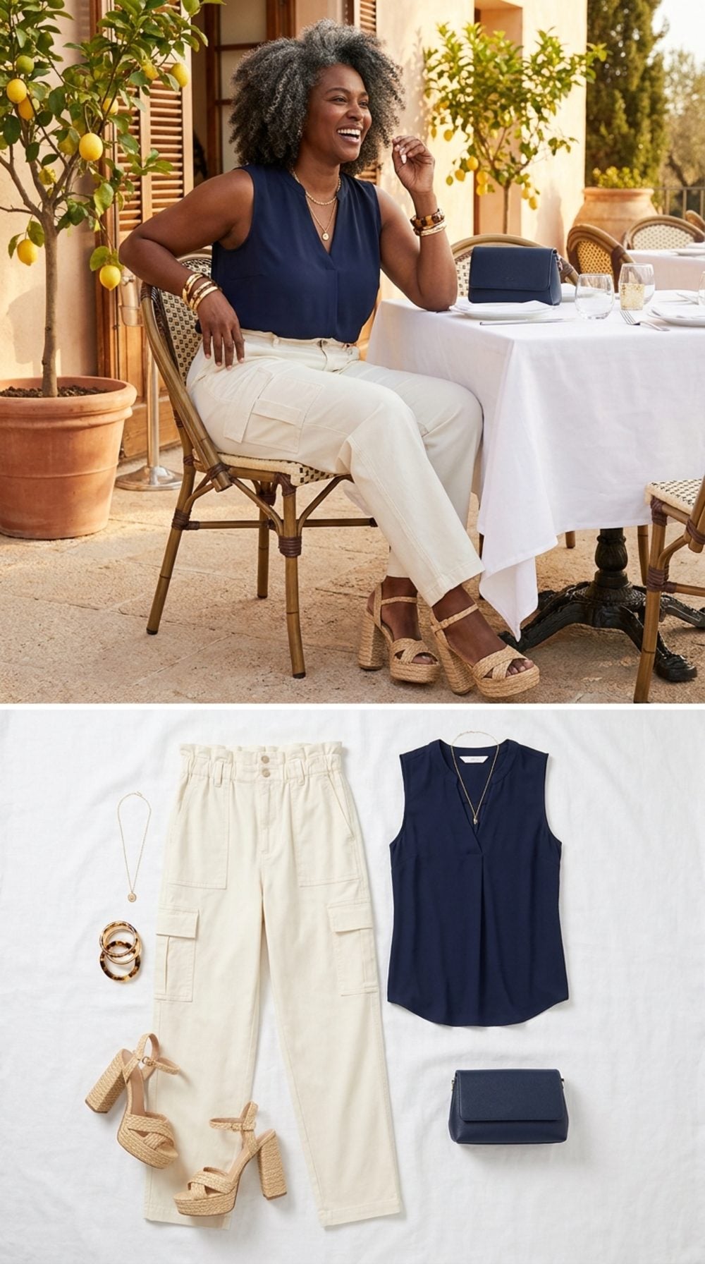 Cream Utility Cargo Pants, a Navy Blouse, and Platform Sandals: A Patio Lunch Outfit That Reads Dressed Up Without Trying