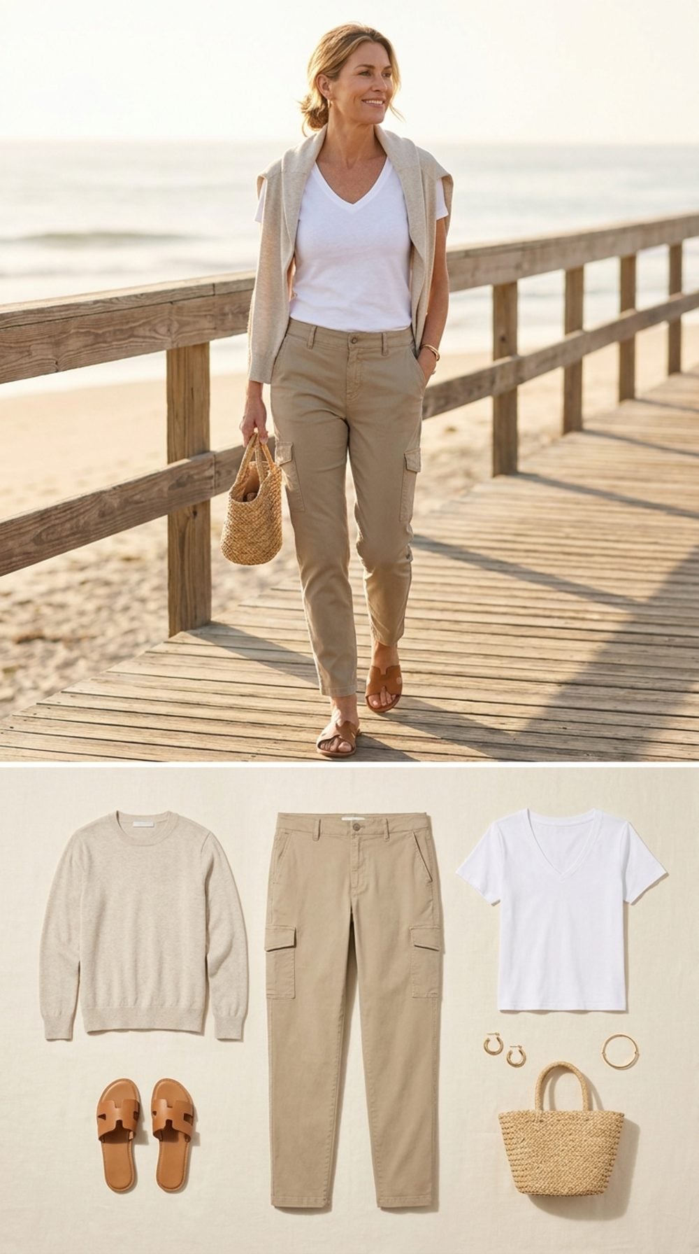 Soft Khaki Cargos with a Shoulder-Draped Sweater Prove the Utility Pocket Can Read Coastal Chic