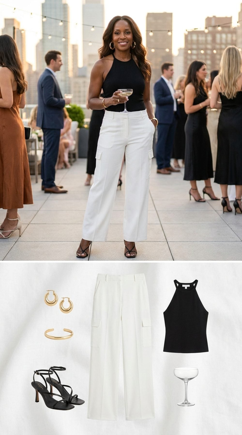 White Cargo Pants, a Black Halter, and Gold Earrings Walk Into a Rooftop Party and Nobody Questions It