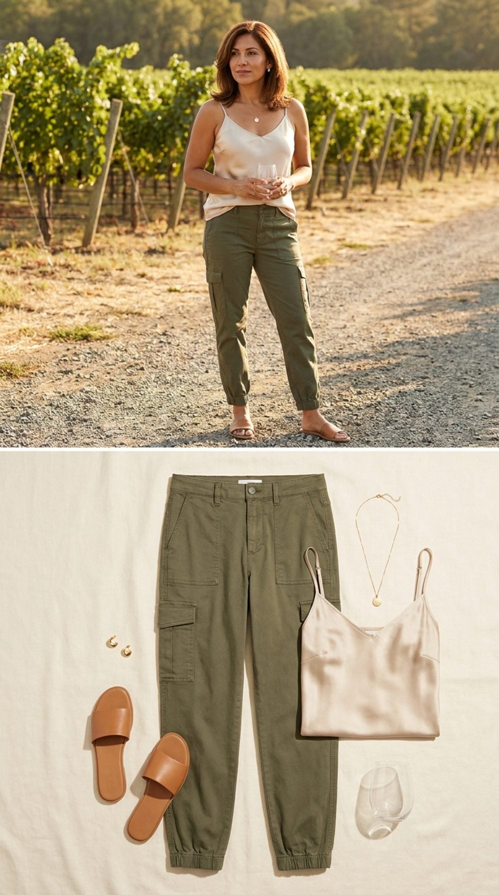 Tapered Olive Cargos with a Champagne Camisole at a Vineyard Show Exactly How the Taper Changes Everything