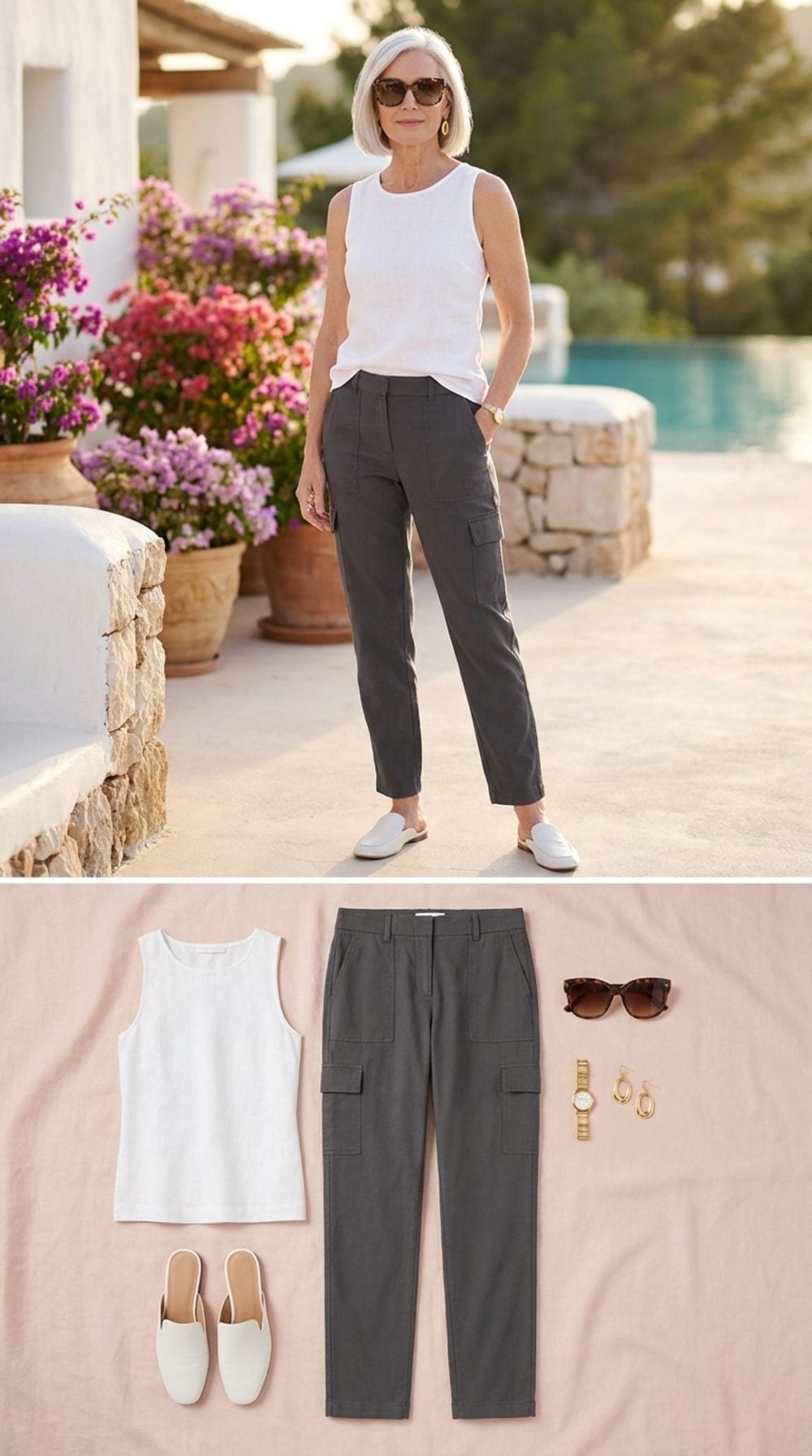 Charcoal Cargos, a Tucked White Linen Tank, and Tortoise Sunglasses at a Luxury Resort, Understated and Completely Confident