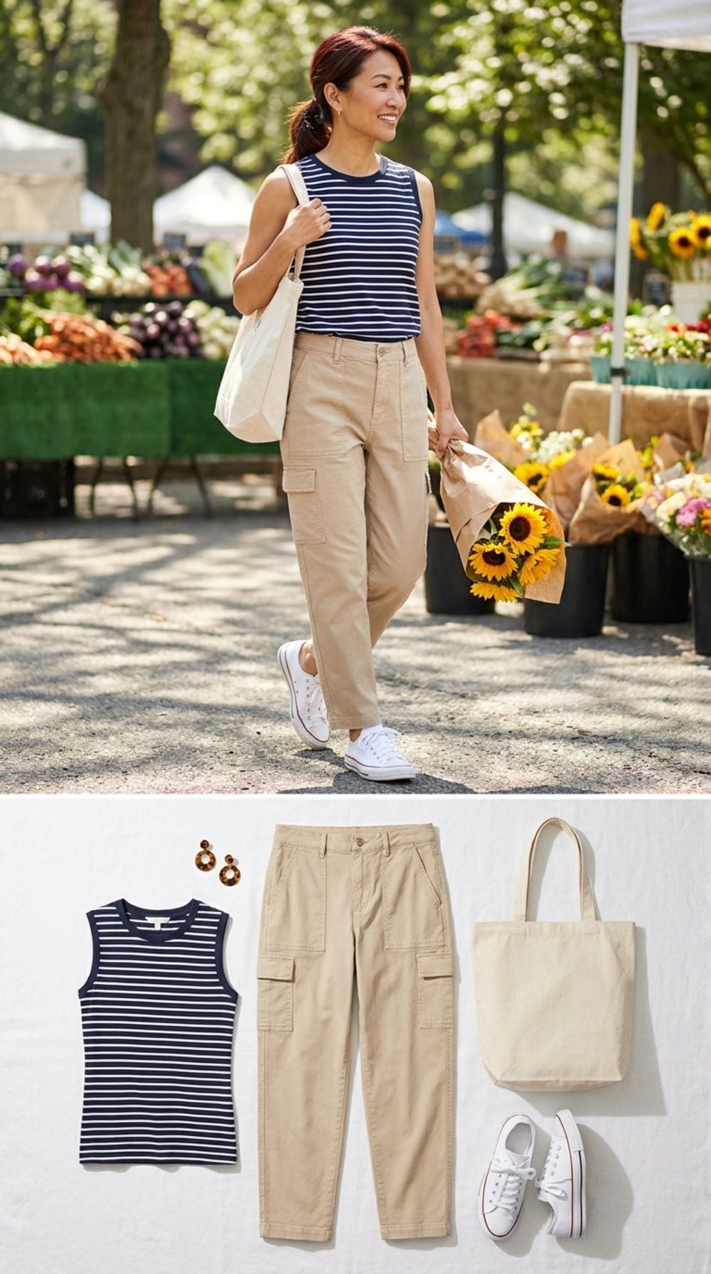 Beige Cargos, a Striped Sleeveless Top, and White Sneakers at the Farmers Market, Casual Done with a Point of View