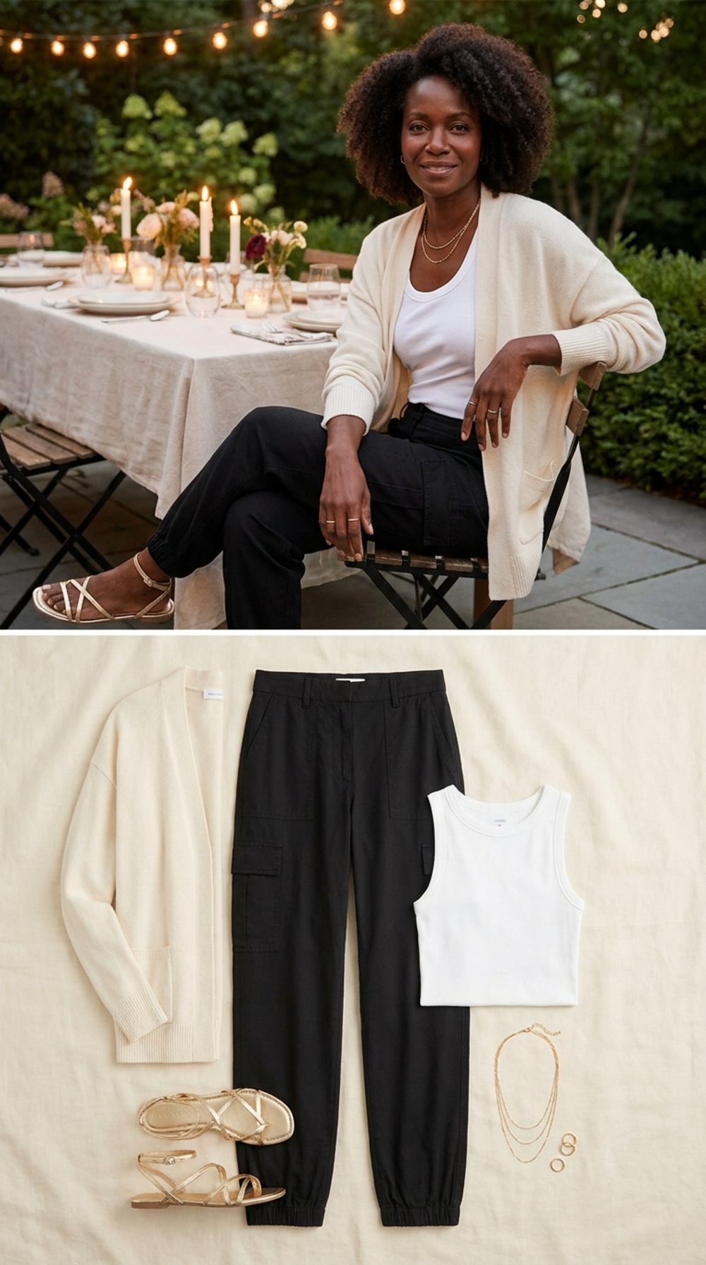 Black Cargos Under a Cream Cardigan with Metallic Sandals at Outdoor Dinner, This Is the Combo That Converts Skeptics