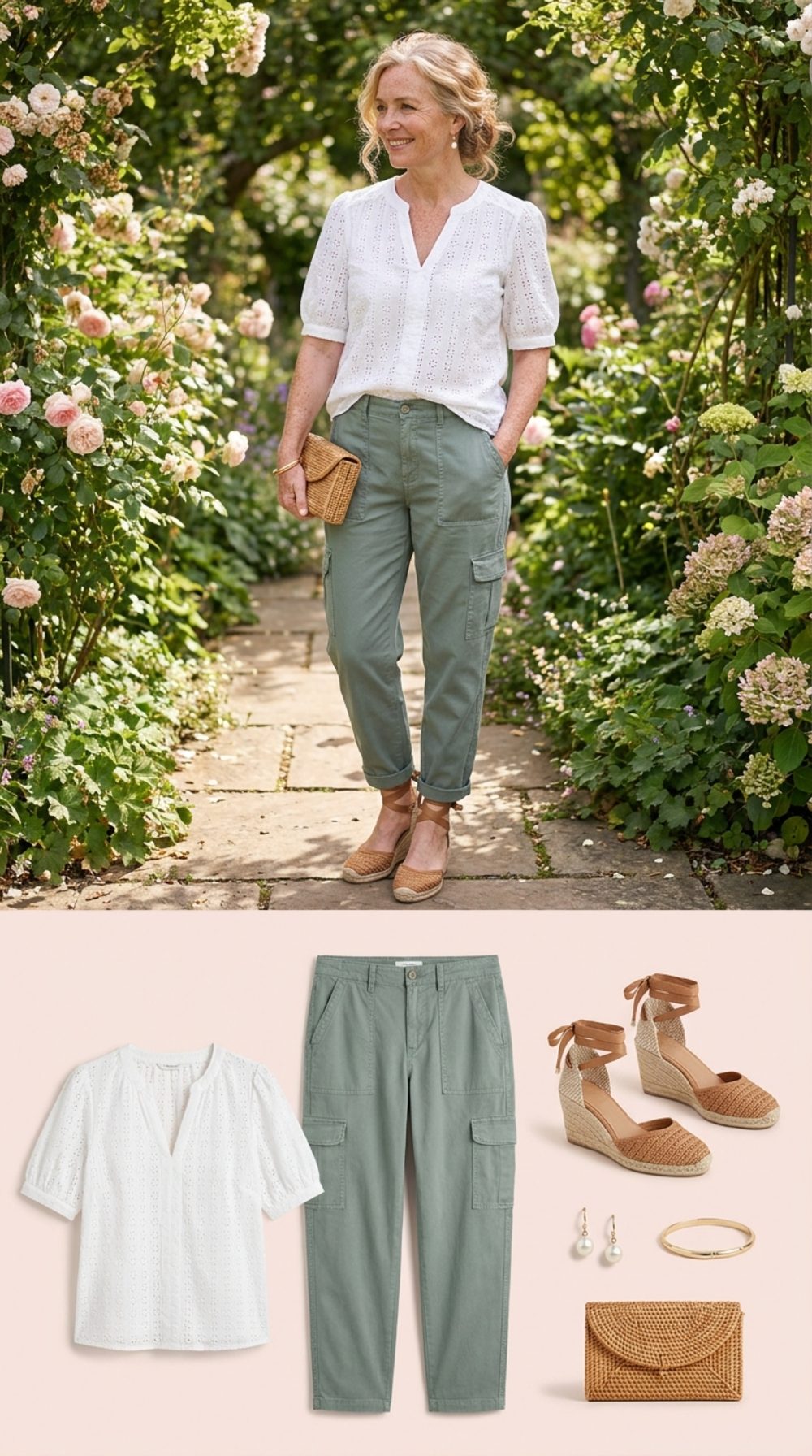 Dusty Sage Cargos with a White Eyelet Blouse and Woven Wedges Prove the Garden Party Doesn't Require a Dress