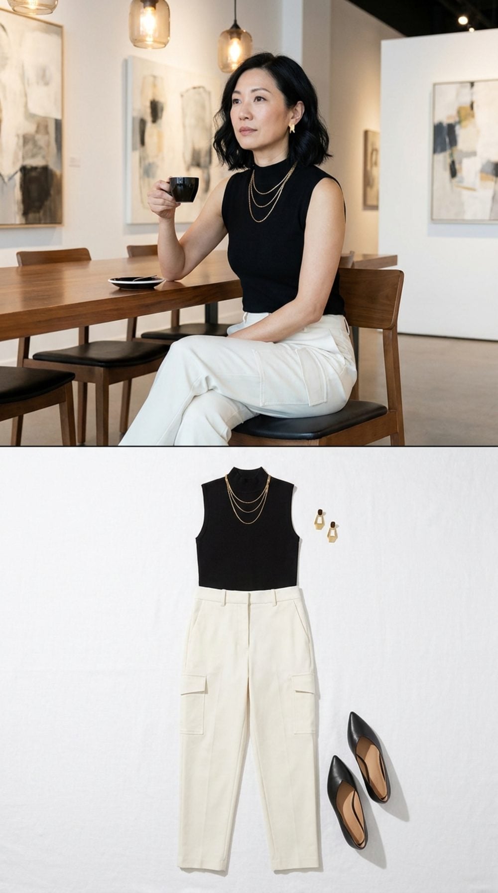 Ivory Cargos, a Fitted Black Mock-Neck, and Gold Layered Necklaces at a Gallery Café, Understated Contrast with Real Edge
