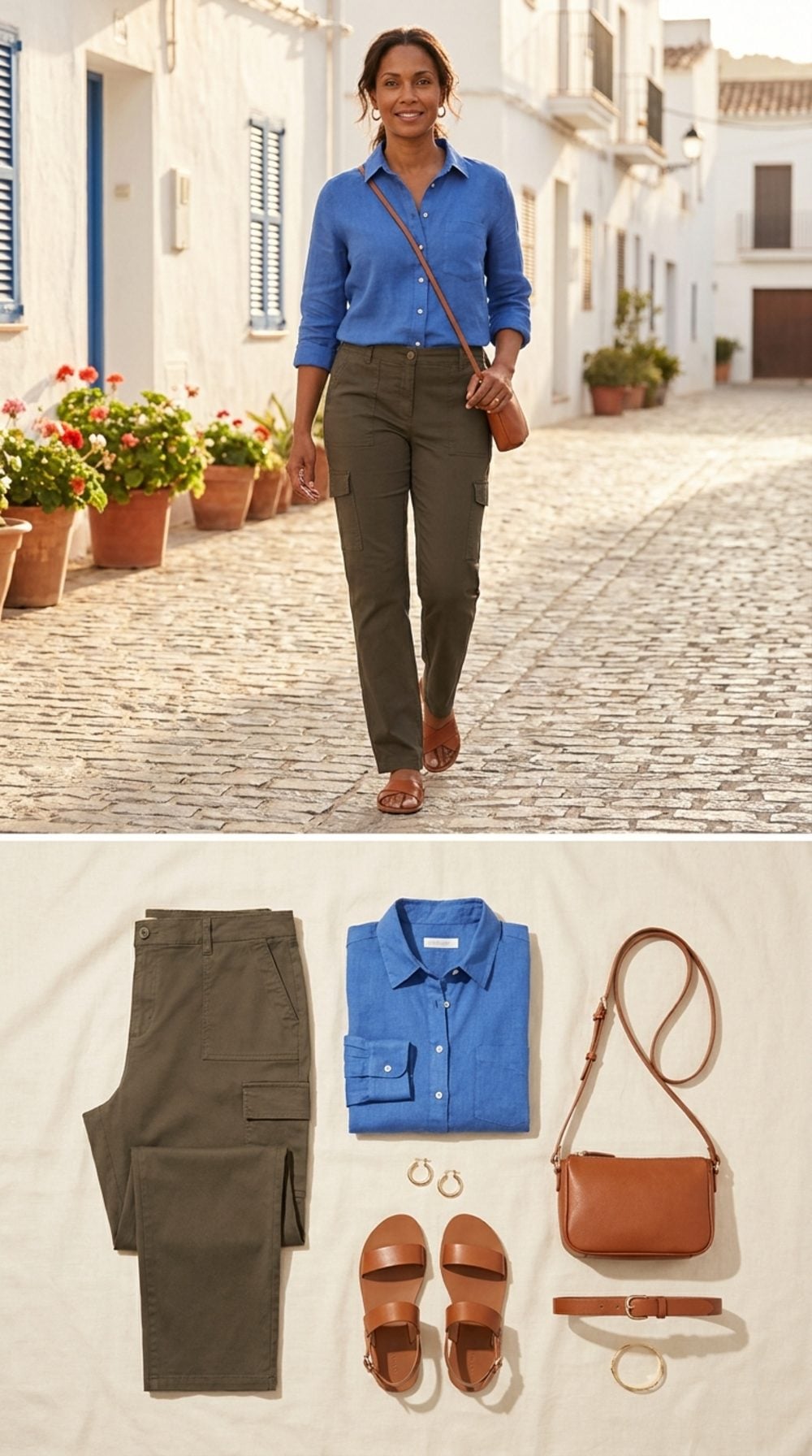 Dark Khaki Cargos Get Coastal-Chic When a Crisp Linen Shirt Does the Heavy Lifting