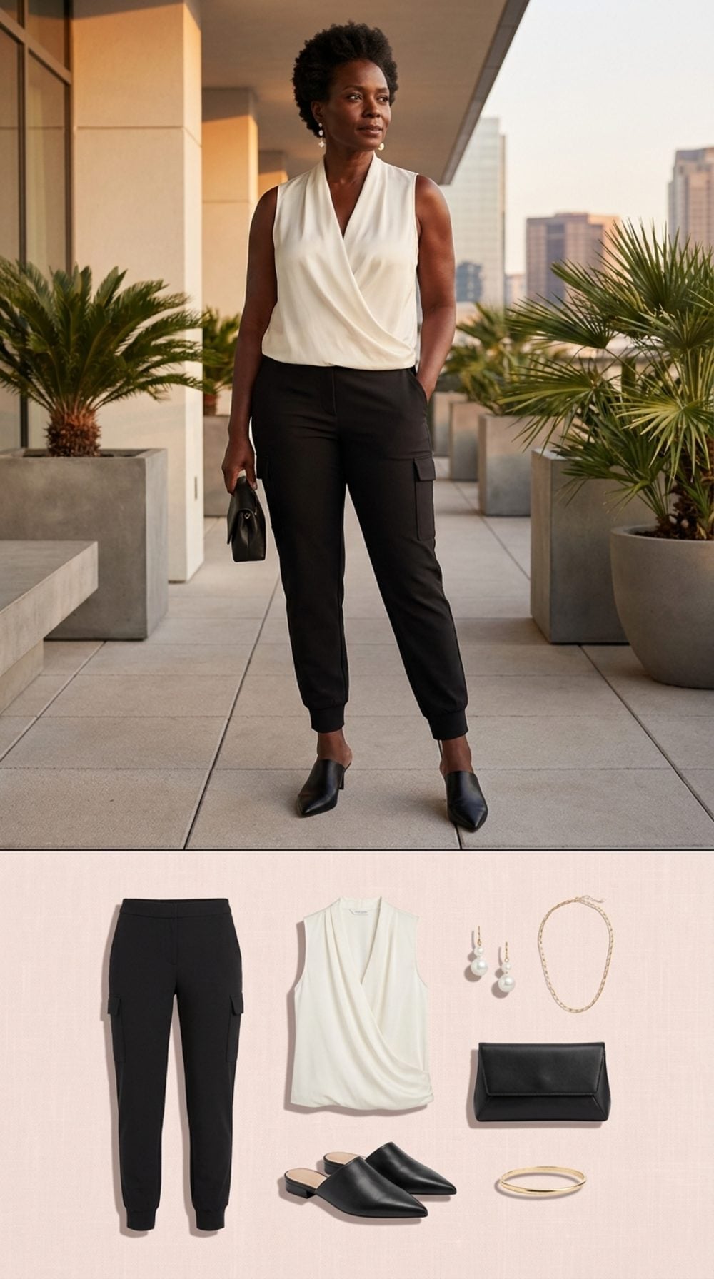 Black Cargo Joggers at a Hotel Terrace: The Silk Shell Is the Whole Argument