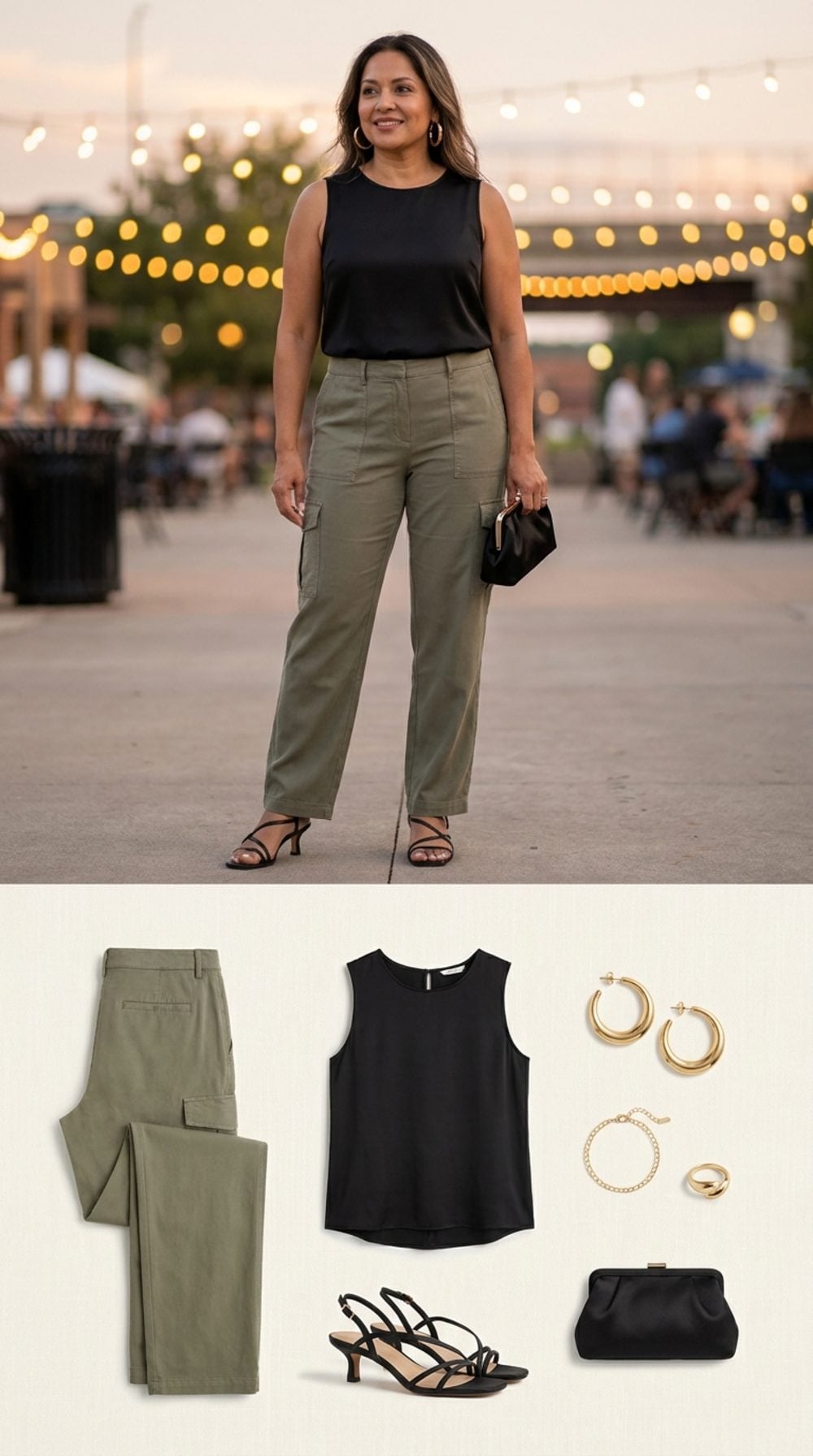 Soft Olive Cargos After Sundown: Gold Earrings Change Everything