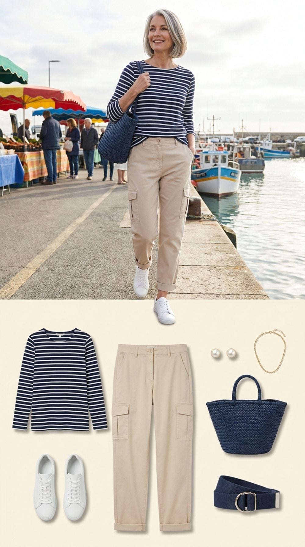 Cuffed Beige Cargos with a Breton Tee Hit a Classic French Frequency