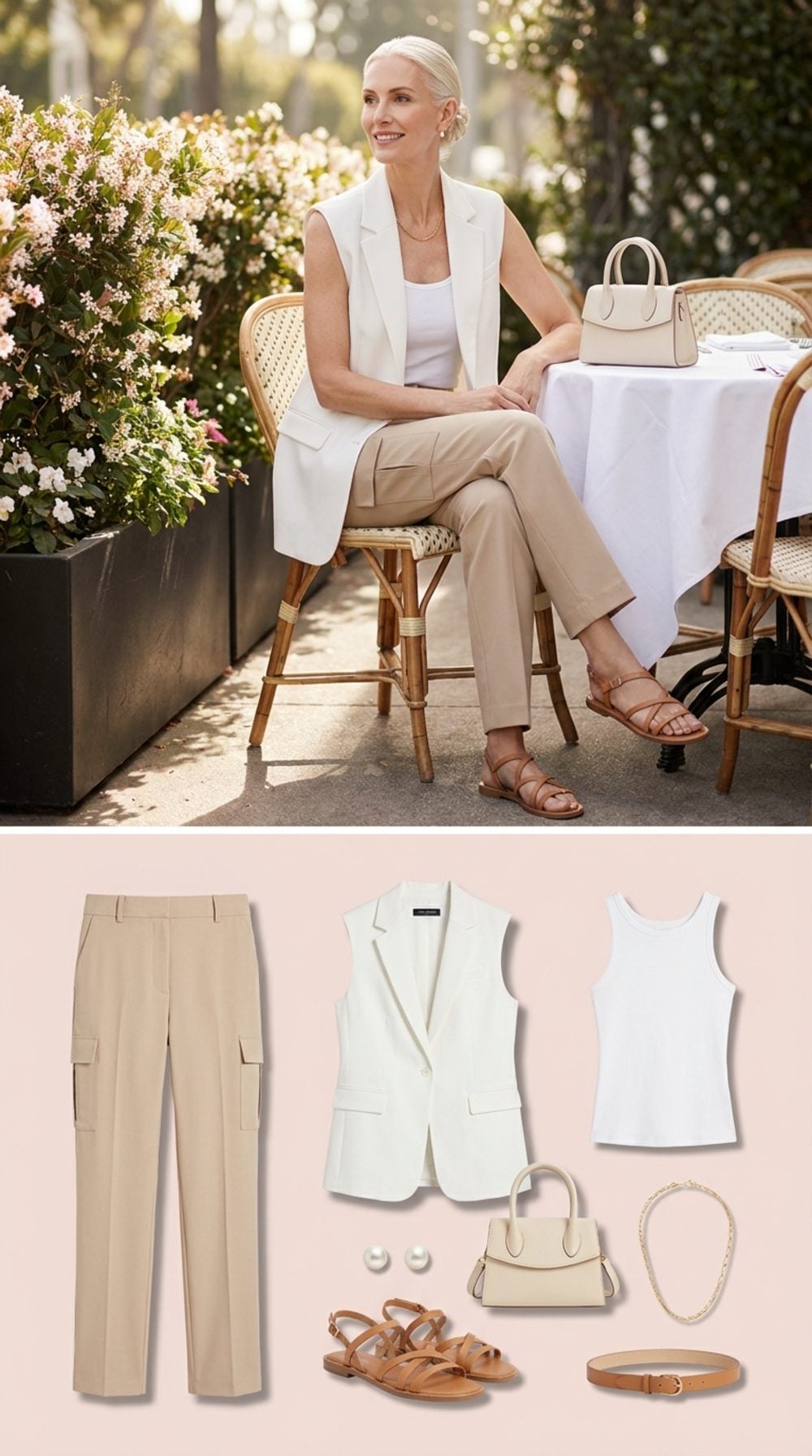 A Sleeveless Blazer Vest Is the One Piece That Talks Tailored Beige Cargos Into a Brunch Setting