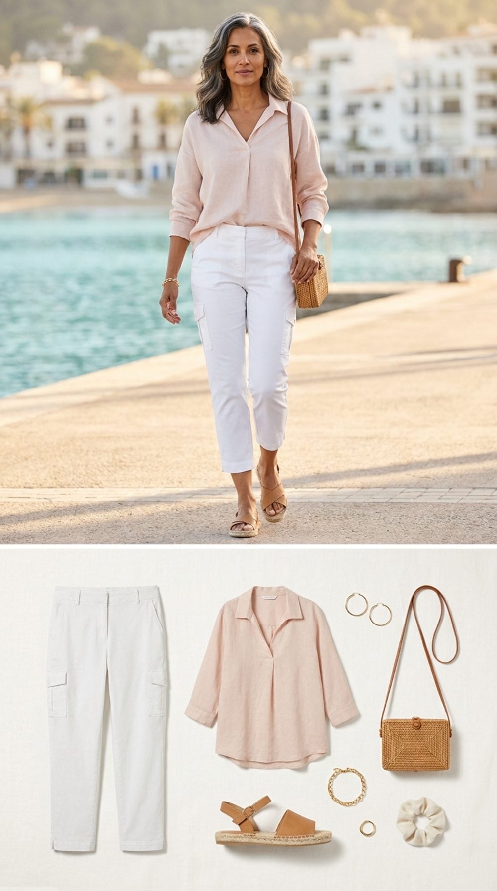White Cropped Cargos by the Sea: Pale Blush Linen and Espadrilles Make the Case Quietly