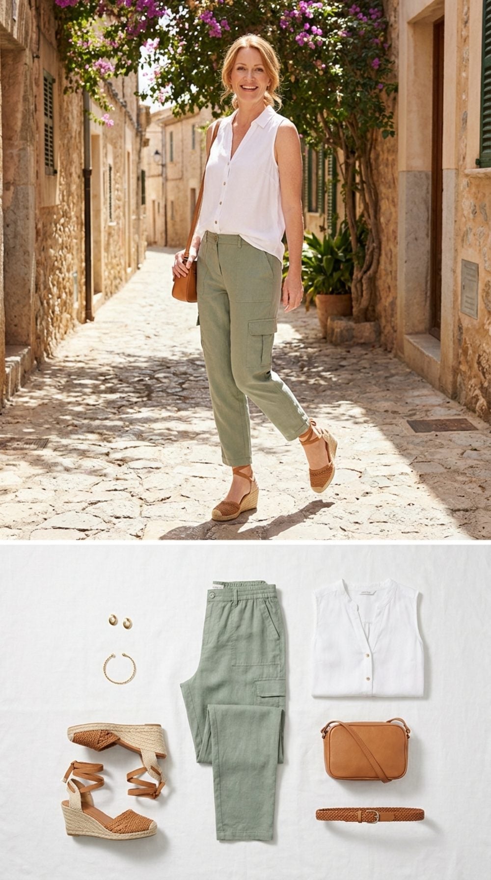 Sage Green Cargos and Espadrille Wedges in a Mediterranean Village Look Like a Travel Editorial