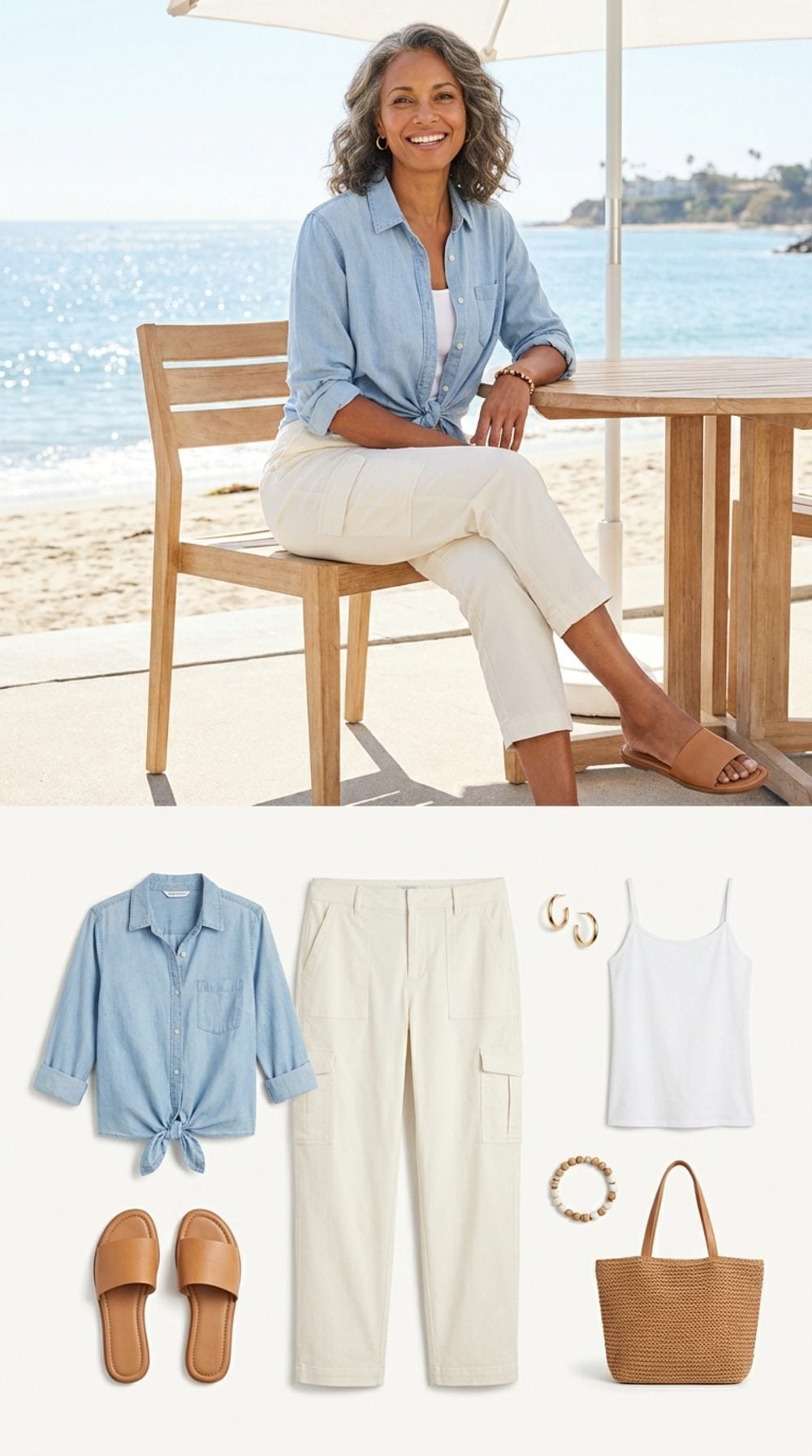 Ivory Cropped Cargos with a Chambray Shirt Tied at the Waist Are Made for Beachside Lunches