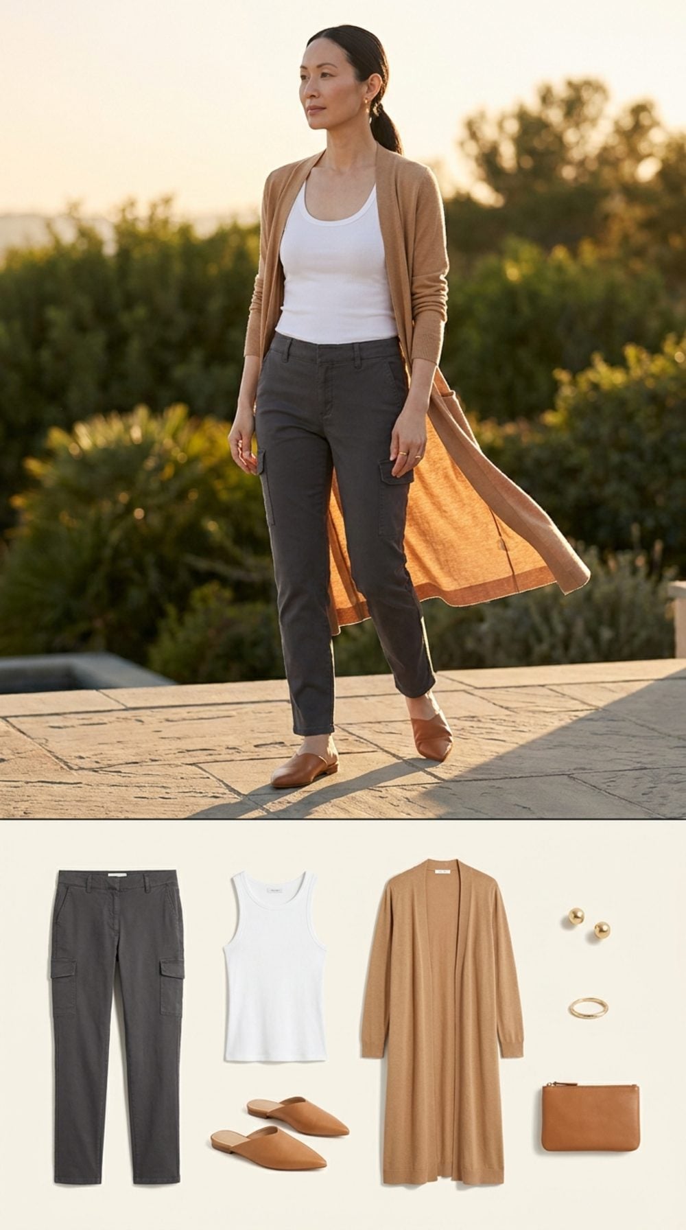 Charcoal Gray Cargos Under a Camel Duster in Summer Evening Light Are Surprisingly Sophisticated