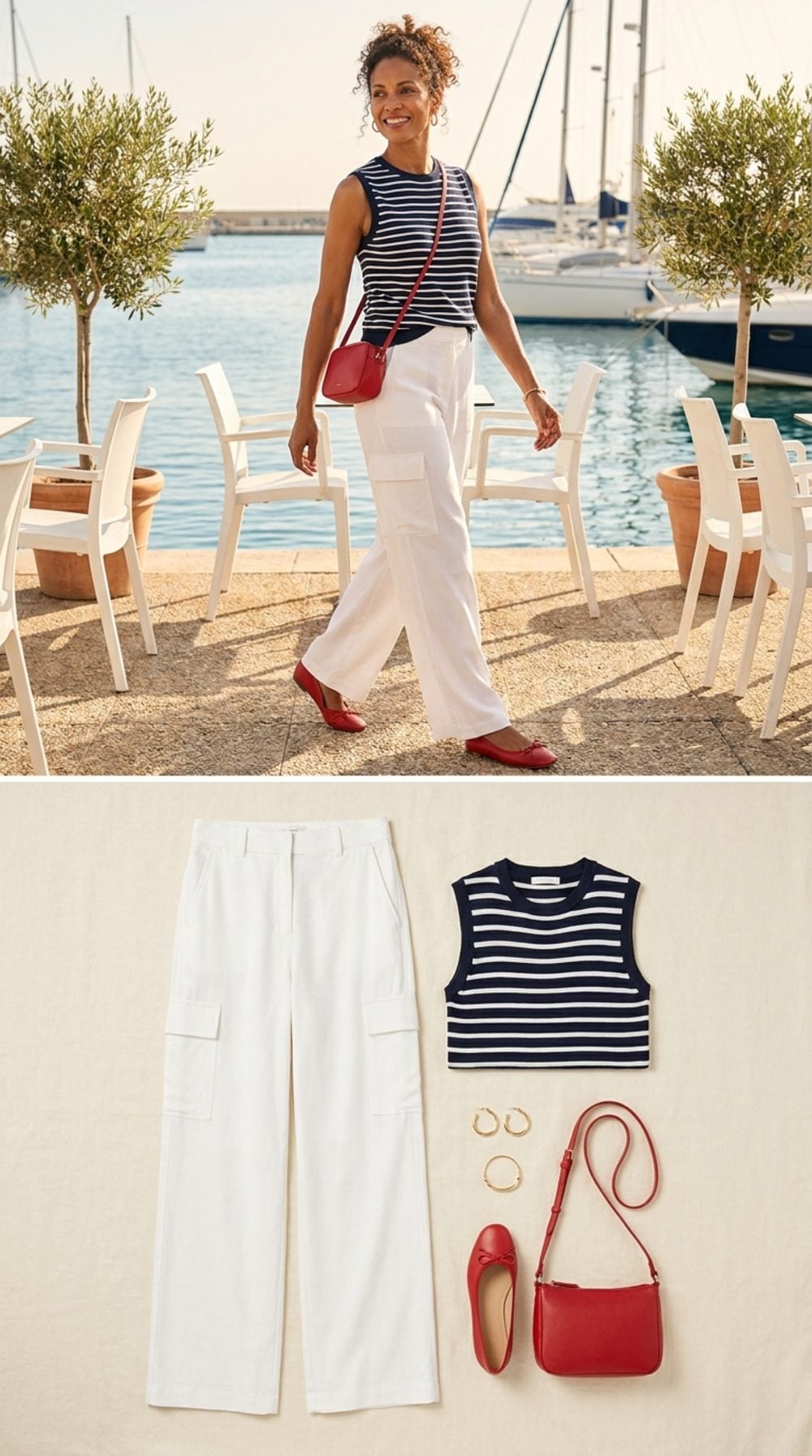 White Cargo Pants at a Marina Café: How Crisp Color Makes the Utilitarian Silhouette Read Breezy, Not Busy