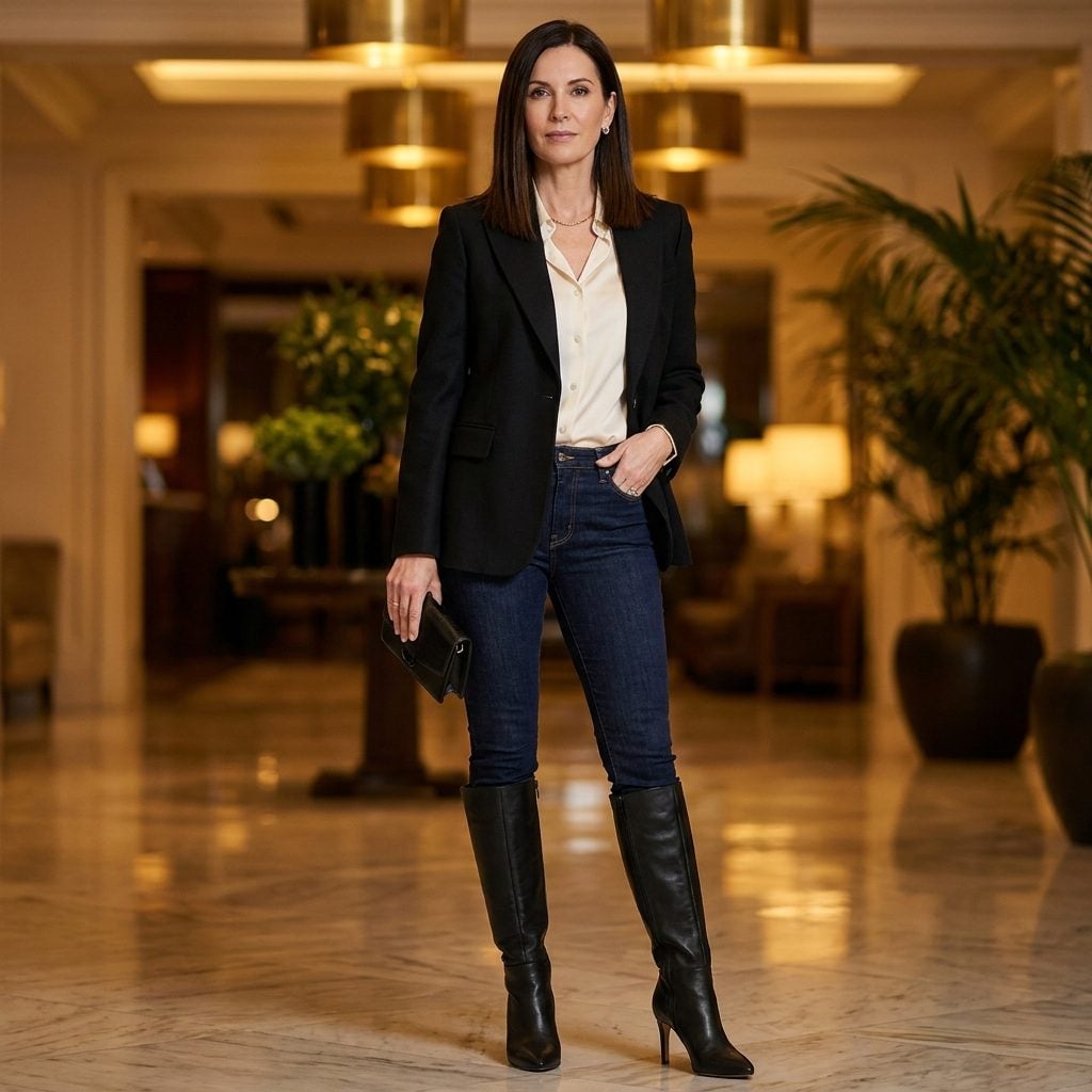 Stiletto-Heeled Boots Under a Silk Blouse Turn a Hotel Lobby Into a Runway
