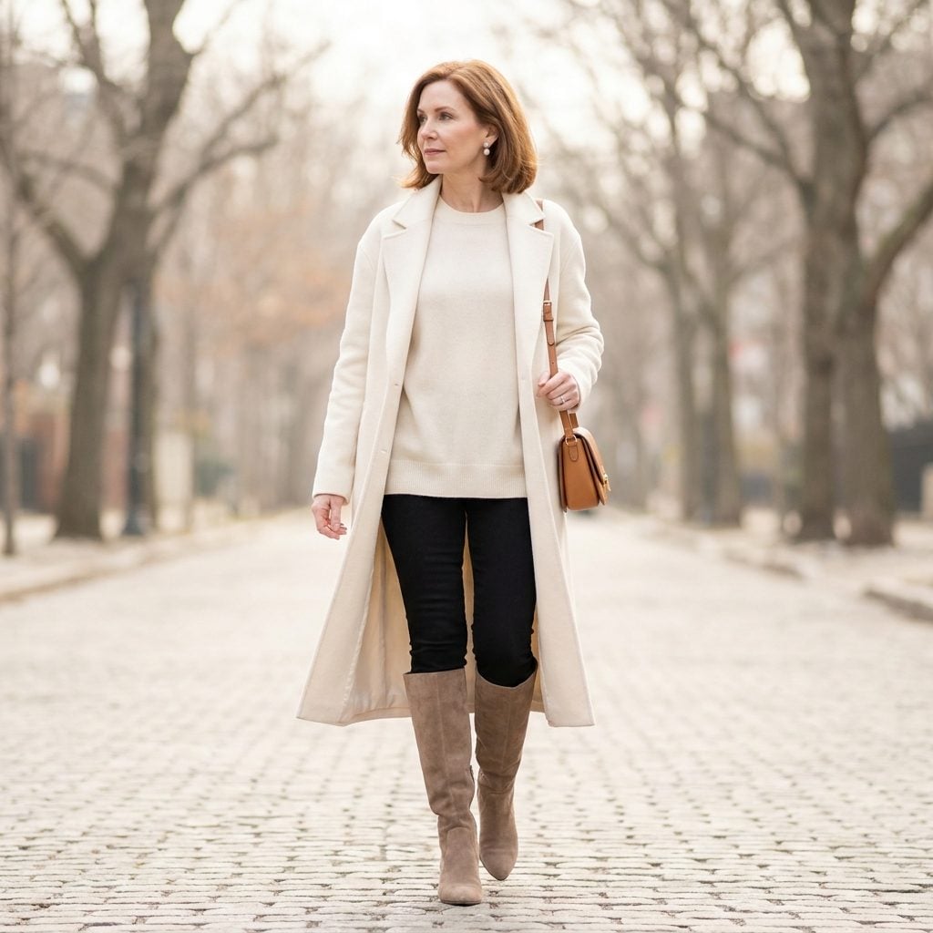Taupe Suede and an Oversized Cashmere Coat Prove That Neutral-on-Neutral Isn't Boring