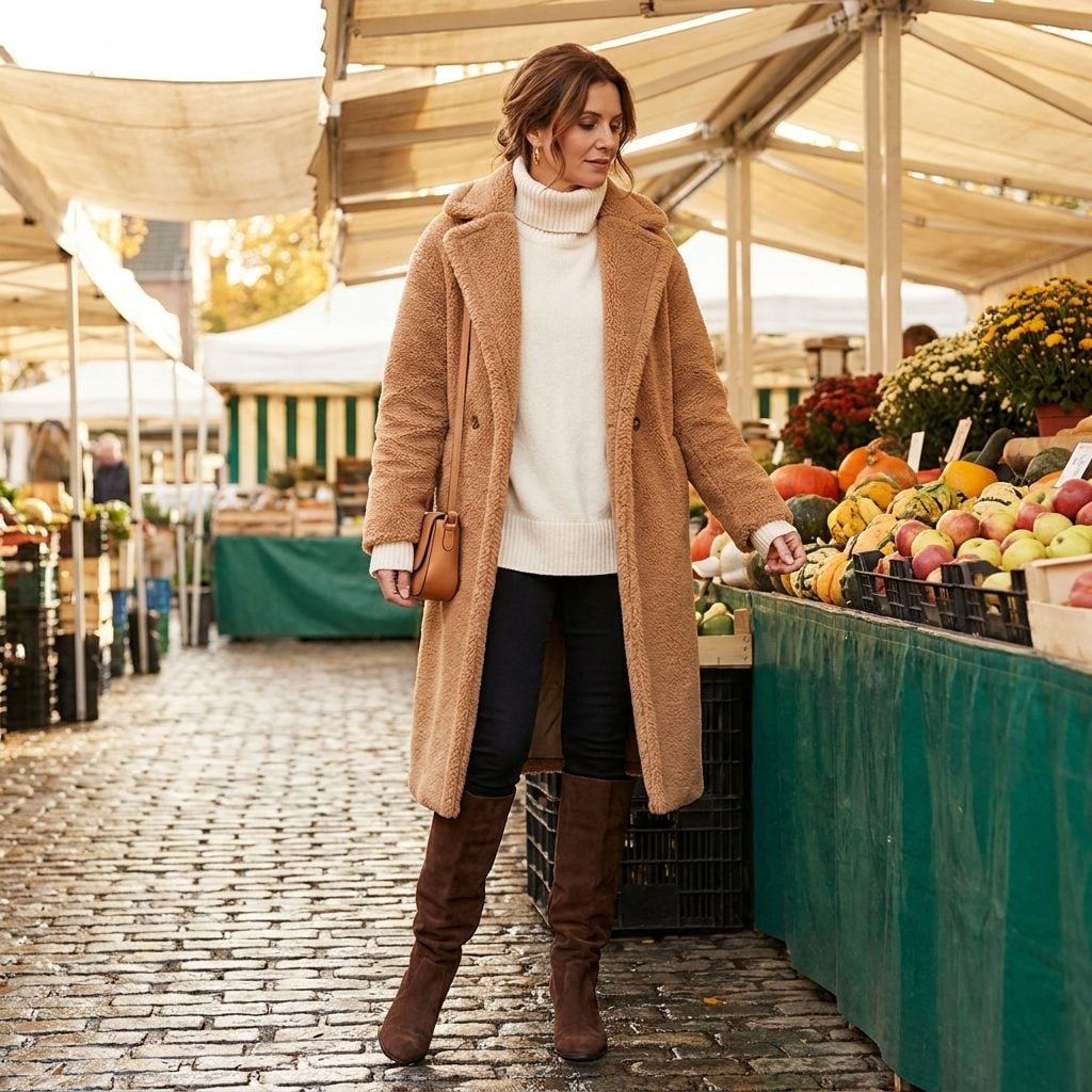 Slouchy Chocolate Suede and a Camel Coat Make This the Easiest Boot Formula You'll Ever Wear