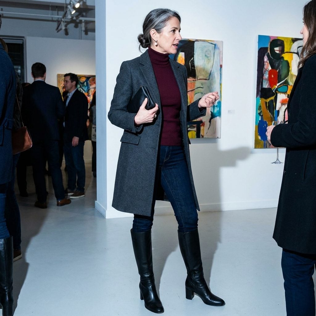 Black Leather Boots at an Art Opening: When a Slim Block Heel Makes Skinny Jeans Feel Completely Grown-Up
