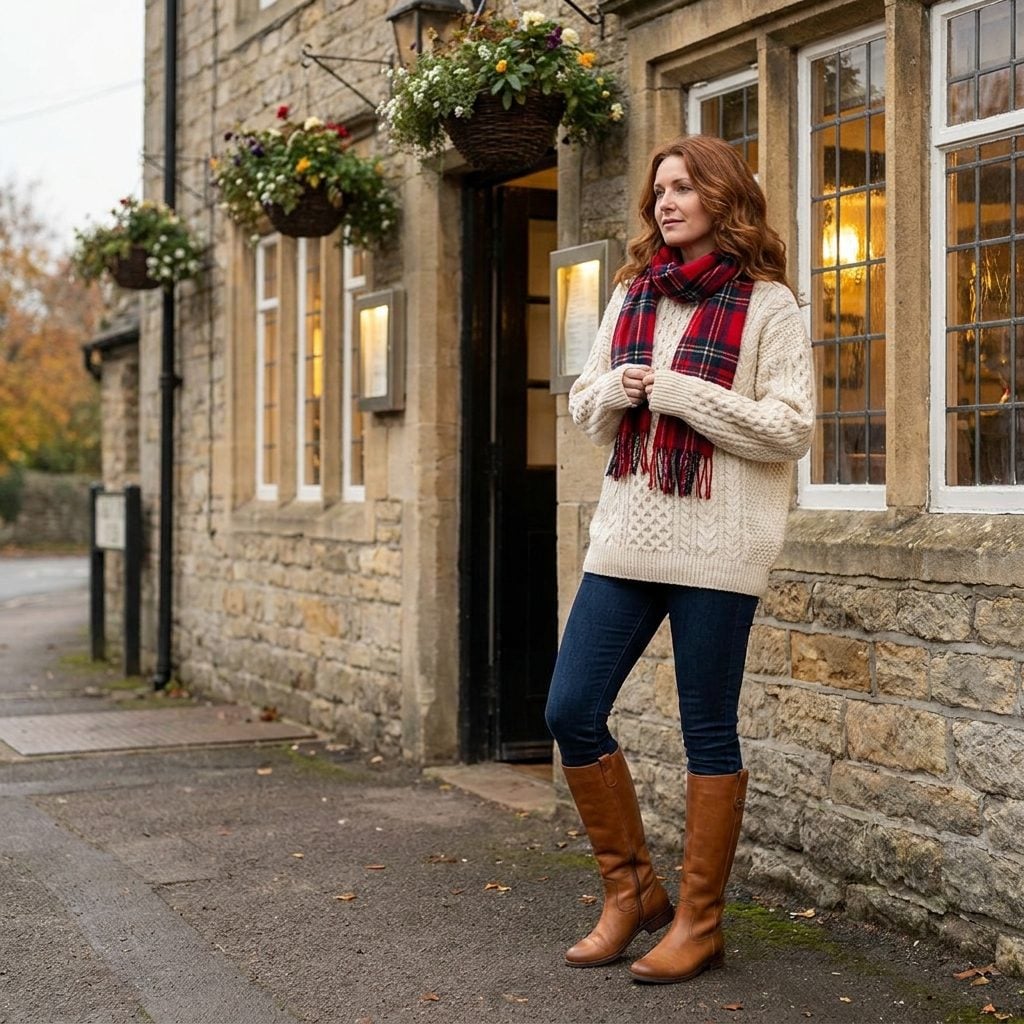 Tan Riding Boots, an Aran Sweater, and Tartan: This Outfit Has Probably Been Photographed in the Cotswolds a Thousand Times (There's a Reason)