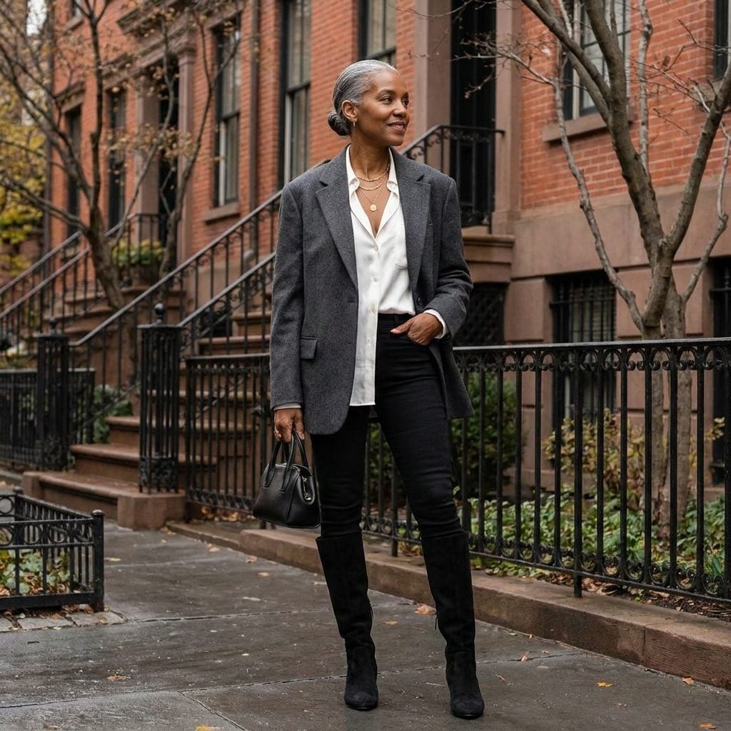 All-Black With a Grey Blazer: How Suede Block Heels Turn a Classic into Something Considered