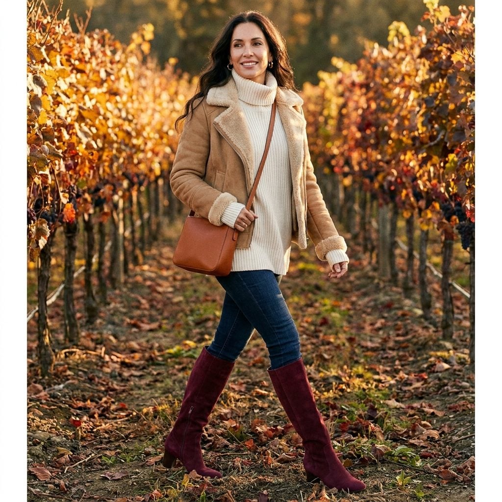 Burgundy Suede Boots Are the Color Decision That Makes This Autumn Vineyard Outfit Impossible to Forget
