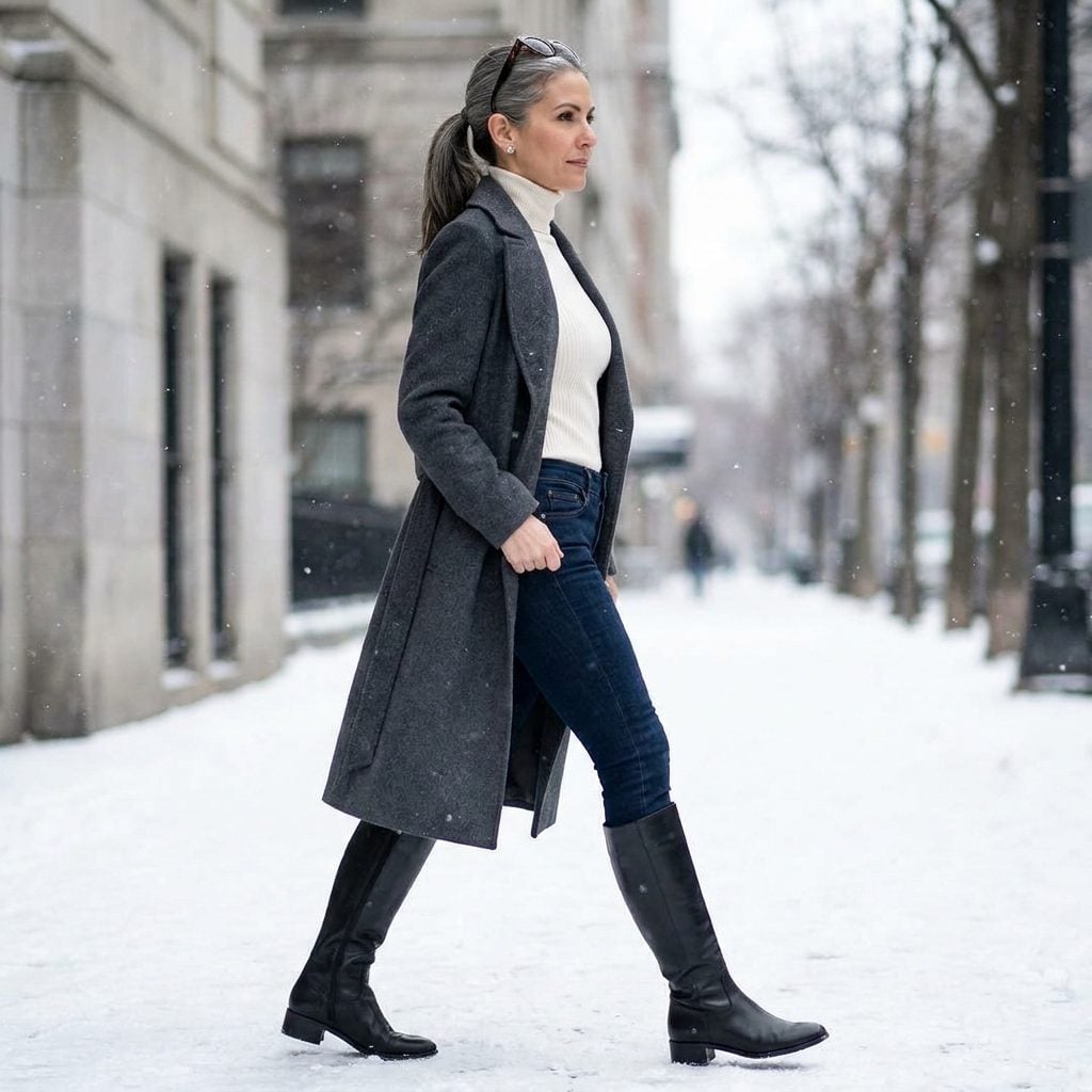 A Belted Charcoal Coat and Snow Light: How a Simple Waist Definition Changes Everything About This Boot Outfit