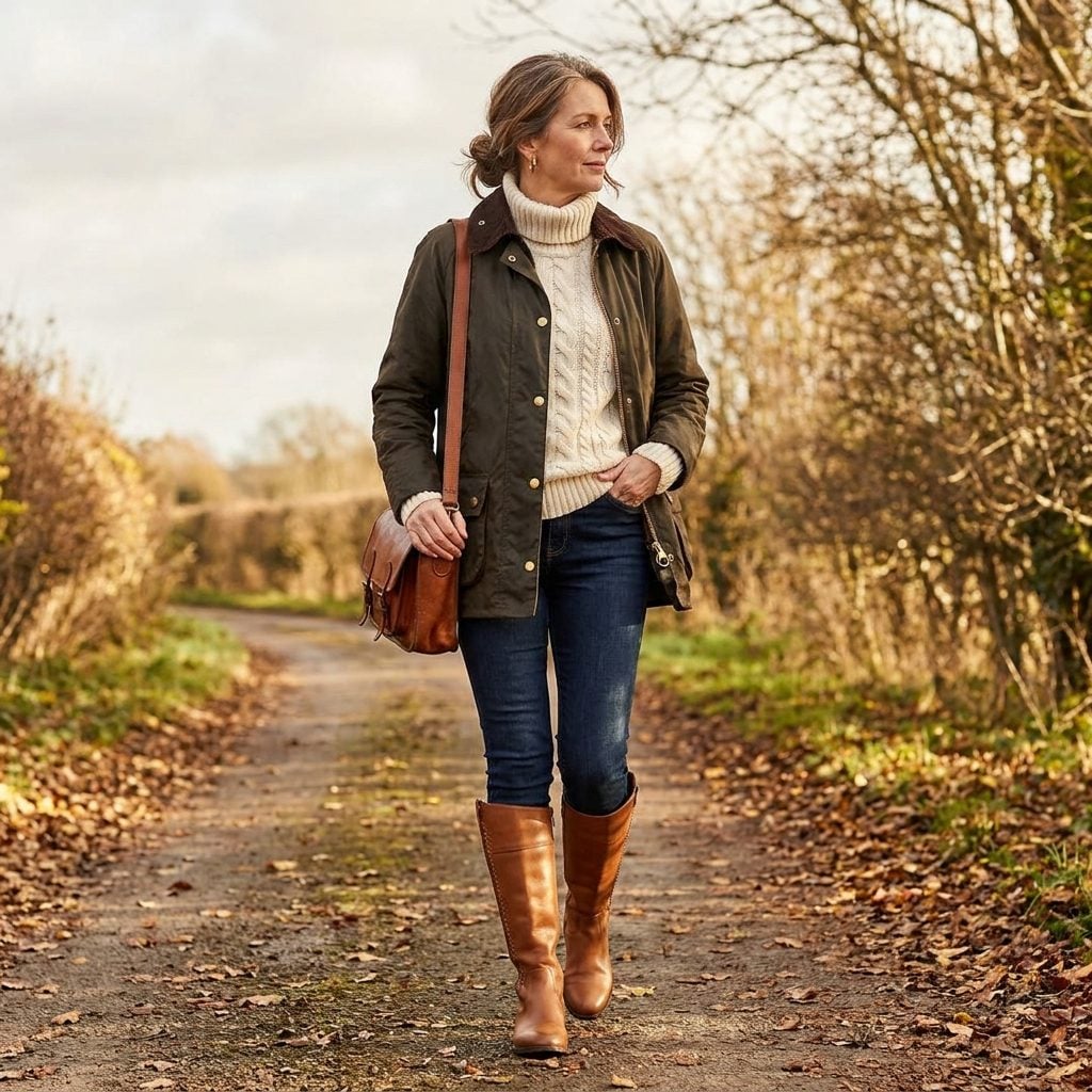 Tan Equestrian Boots and a Waxed Jacket Make the Skinny Jean Feel Earned, Not Outdated
