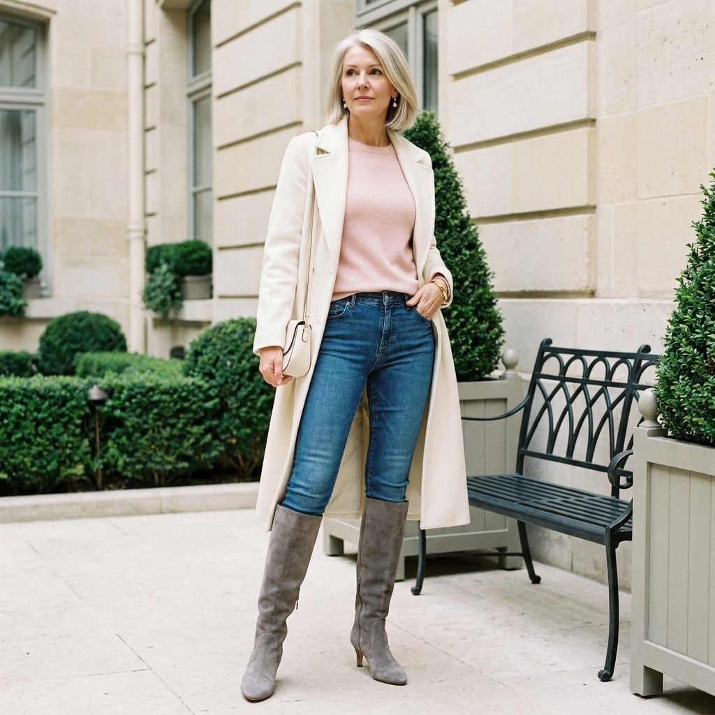 Grey Suede Boots and a Longline Coat Are the Reason This Combination Still Has Currency