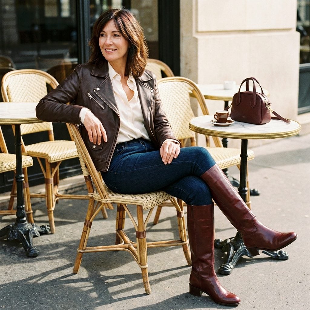 Burgundy Leather Boots With a Moto Jacket: The Café Terrace Outfit That Works Harder Than It Looks