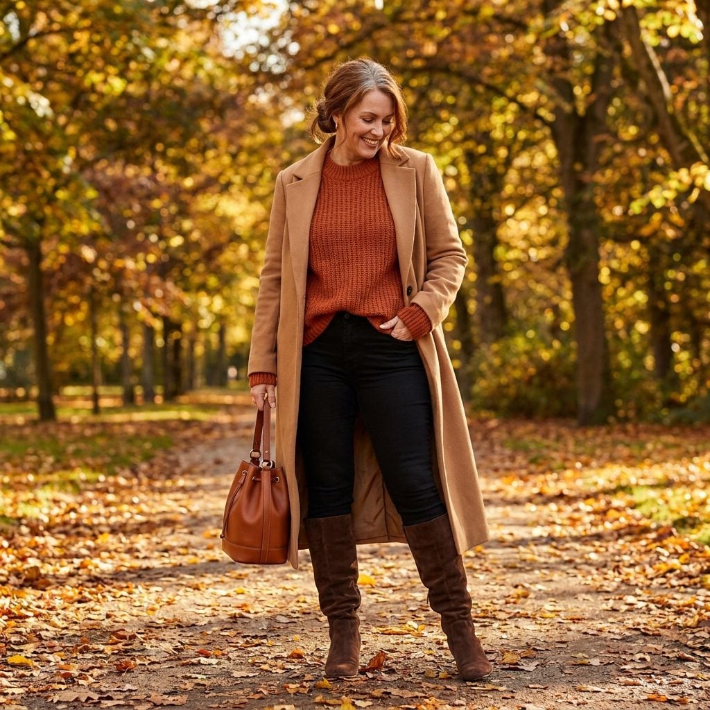 Slouchy Suede Boots, A Rust Knit, and A Duster Coat: The Autumn Outfit That Actually Looks Like Autumn