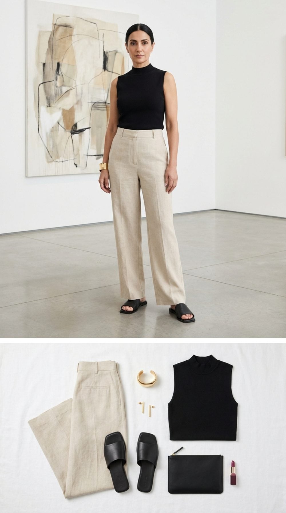 Beige Wide-Leg Linen and a Black Mock Neck, Because Minimalism After 50 Hits Different