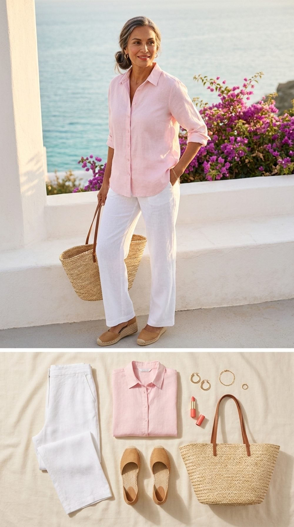 Blush and Sand: Resort-Ready White Linen With a Pink Linen Shirt and Espadrilles