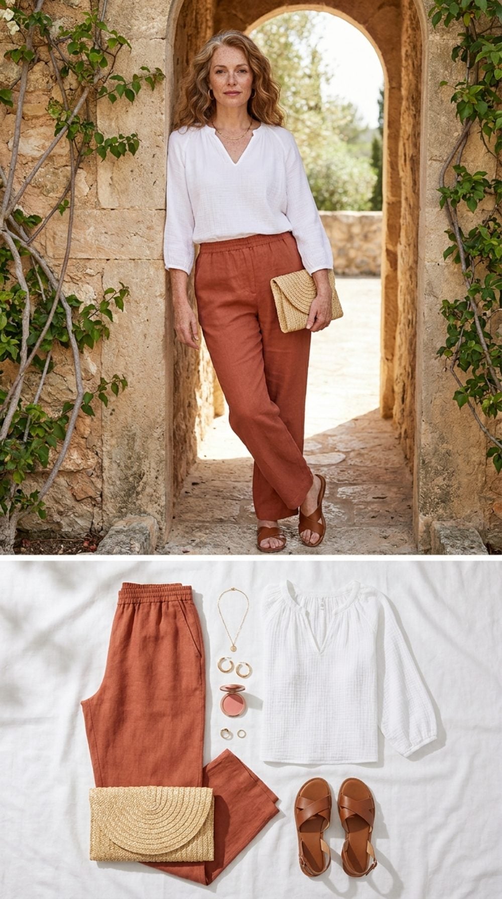 Terracotta Linen and White Gauze: Mediterranean Ease With a Straw Clutch