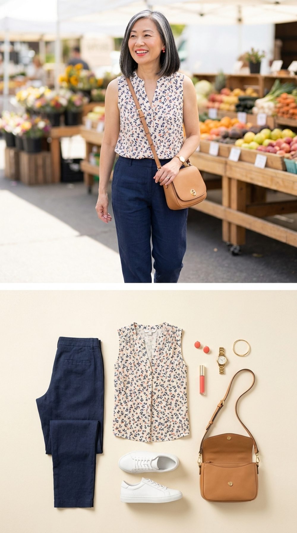 Navy Linen and Farmers Market Florals: Weekend Color With White Sneakers