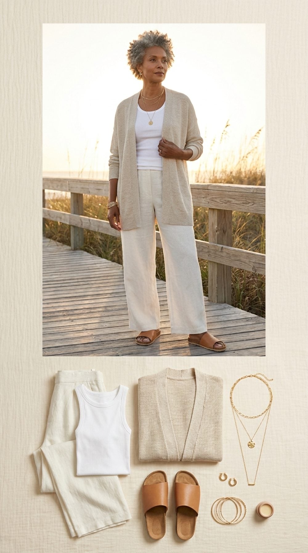 Ivory Linen and Oatmeal Layers: Cool-Evening Softness With Stacked Necklaces