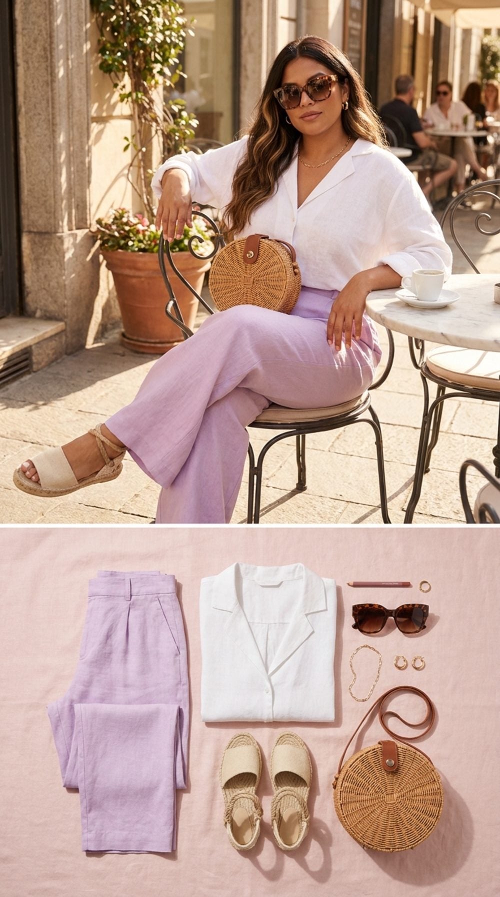 Soft Lavender Linen at the Café Table: Wicker, Espadrilles, and the Art of Not Trying Too Hard
