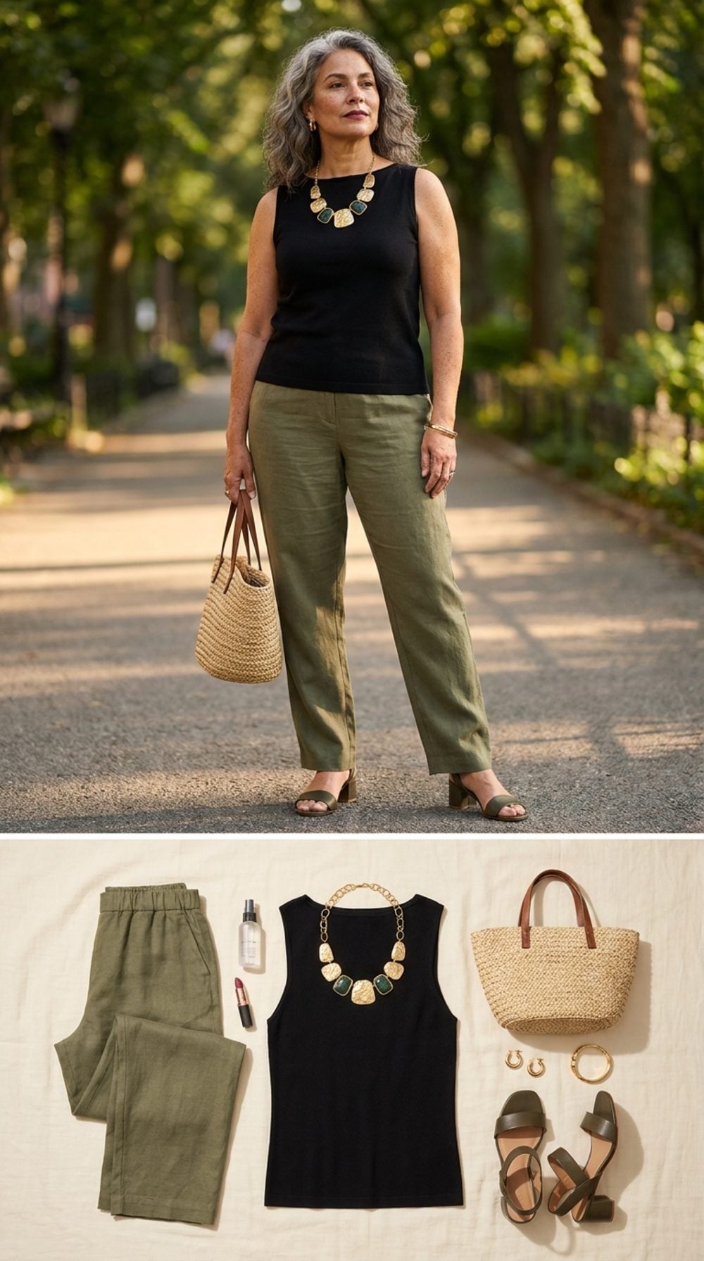 Olive Linen and a Statement Necklace: When One Piece Does All the Heavy Lifting