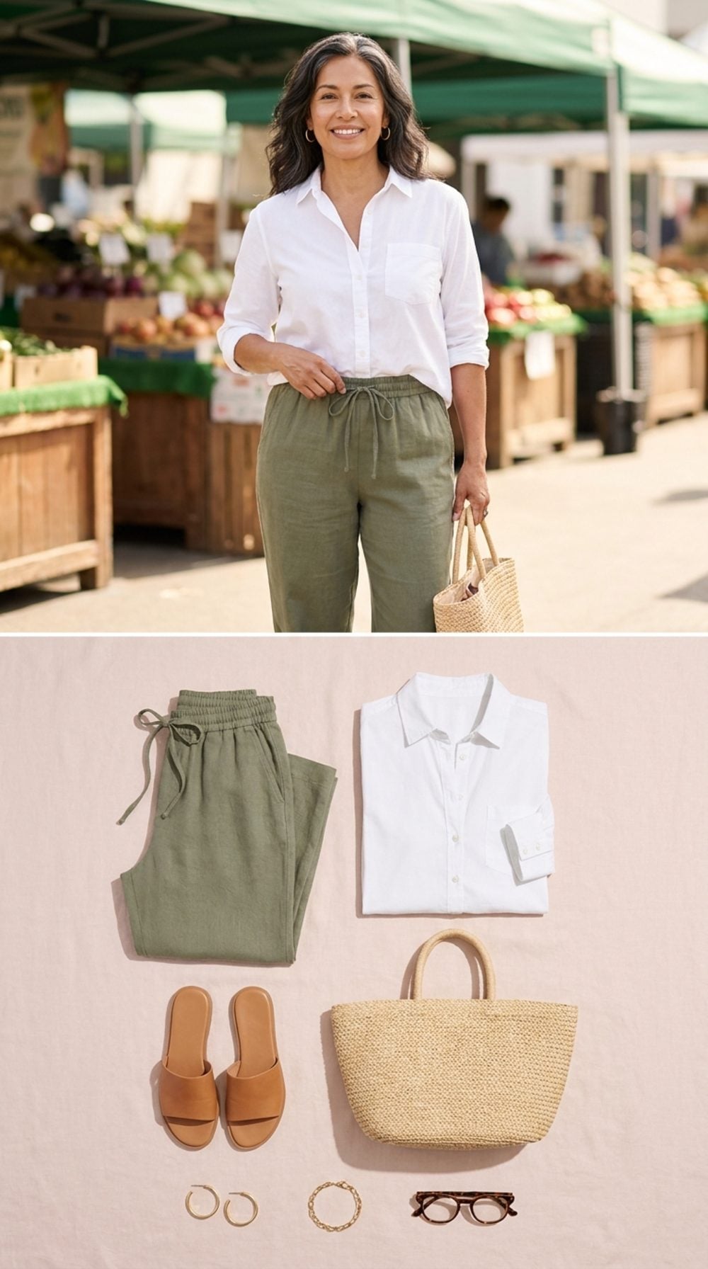 Saturday Farmers Market in Olive Linen and a Perfect White Shirt