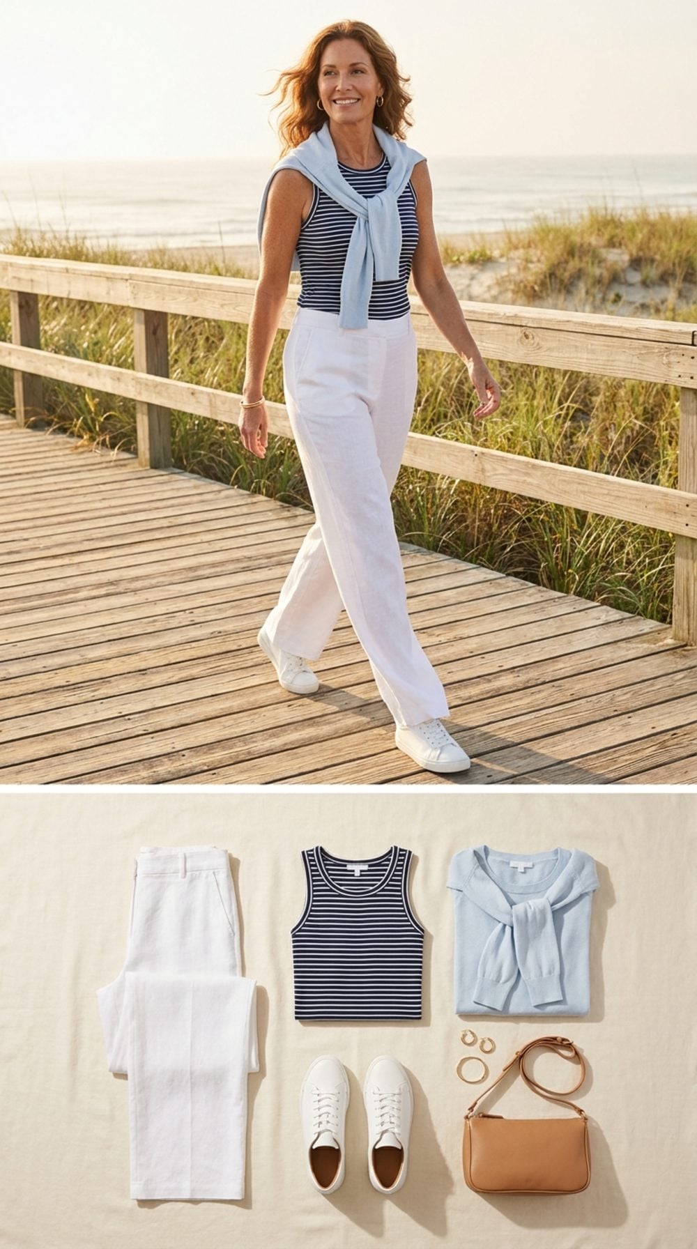 Coastal Morning Walk in White Linen, Pale Blue Cashmere, and Crisp Leather Sneakers