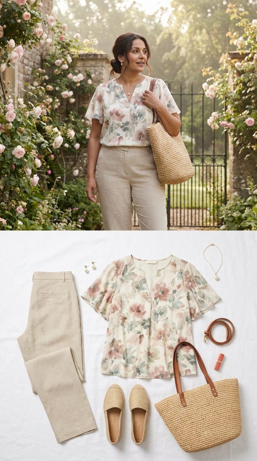 Garden Brunch in Sand Linen, Soft Florals, and Quiet Pearls