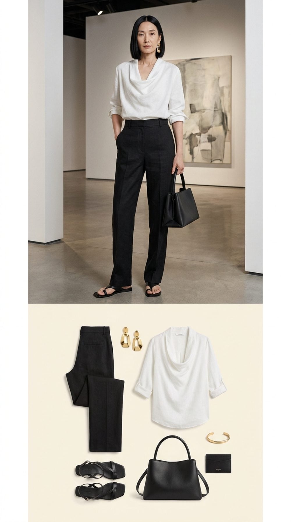 Black and White Precision: Draped Linen, Bold Earrings, and the Art of the Quiet Exit