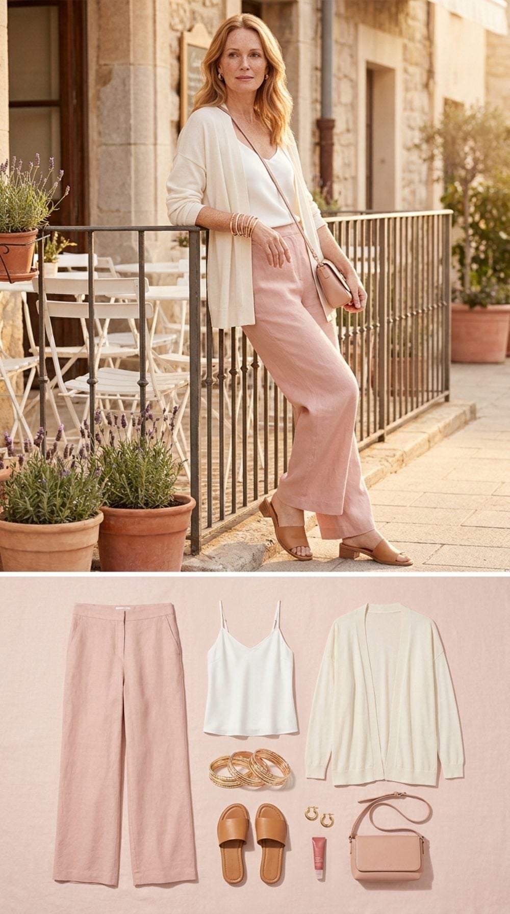 Blush Linen and Cream Layers: Soft Power in a Cardigan and Stacked Bracelets