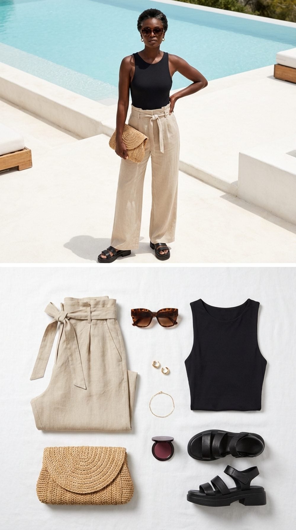 Resort-Ready in Wide-Leg Beige, a Black Bodysuit, and Oversized Frames