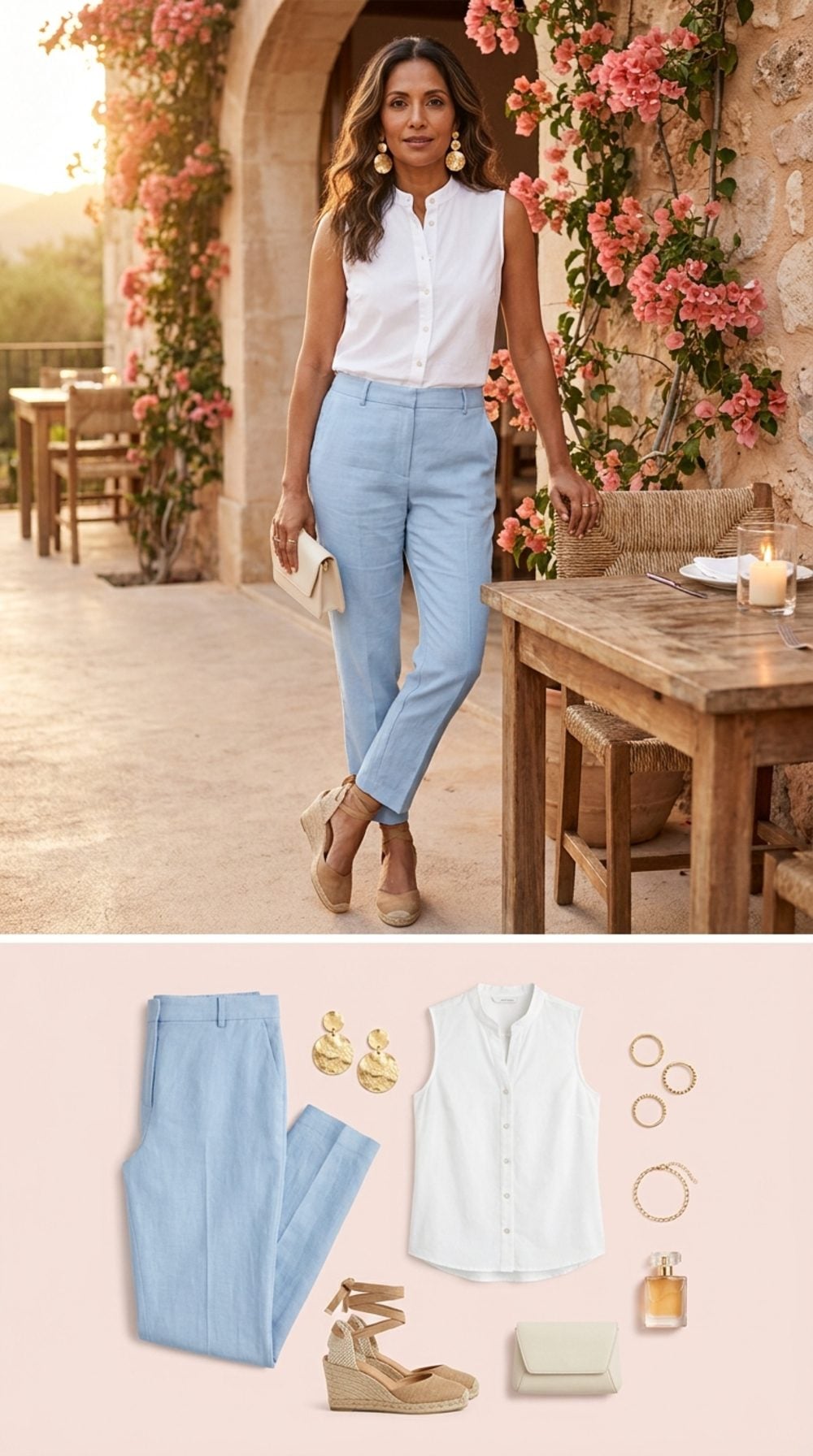 Soft Blue Linen and a Crisp White Blouse: The Summer Dinner Outfit You'll Repeat All Season