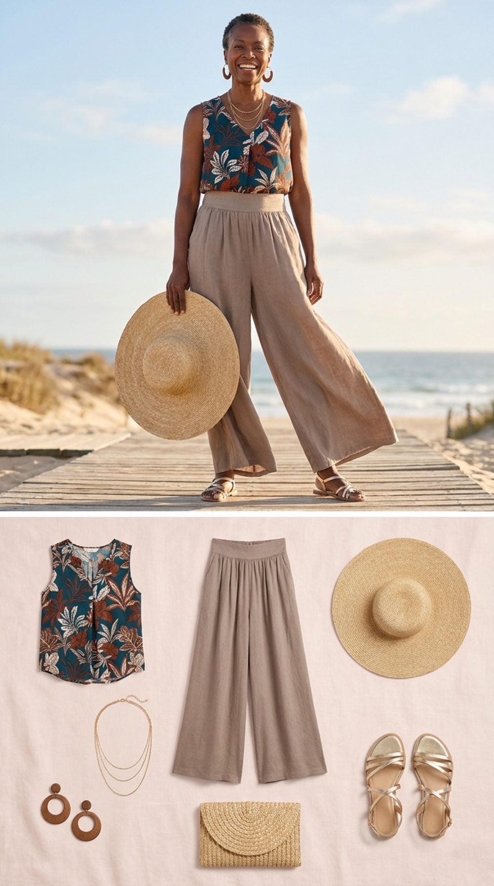 Taupe Palazzo Linen and a Printed Blouse: Wind-Catching Drama by the Shore