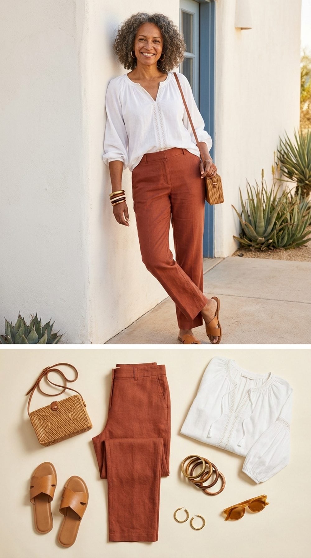 Rust Linen and a White Peasant Blouse: Terracotta Warmth That Earns Every Bangle